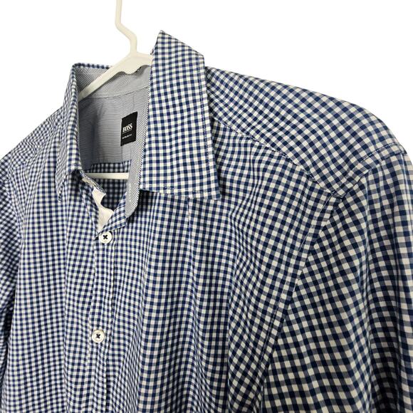 Boss Hugo Boss Shirt Blue White Checker Gingham Dress Shirt Men L Regular Fit - Picture 5 of 8